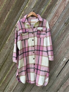Pink Plaid Long Shacket Size L Oversized Shirt Jacket Cottagecore Fall